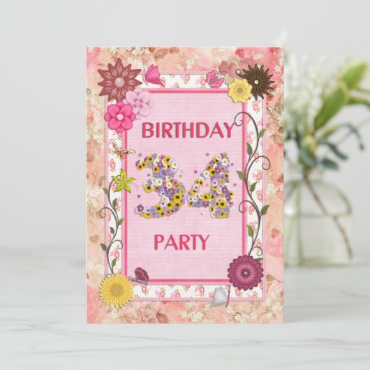 34e verjaardagsfeestuitnodiging met bloemenlijst kaart (Staand voorkant)