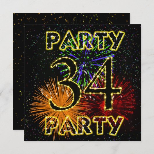 34e verjaardagsfeestuitnodiging met vuurwerk kaart (Voorkant / Achterkant)
