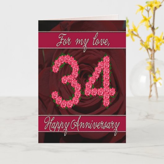 34e verjaardagskaart met rozen en bladeren kaart (Gele Bloem)