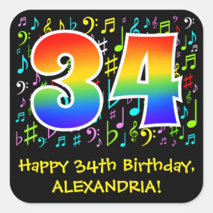 34th Birthday: Colorful Music Symbols, Rainbow 34 Vierkante Sticker