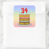 34th Birthday: Fun Cake and Candles + Custom Name Vierkante Sticker (Tas)