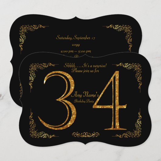 34th, Birthday party 34th, geweldige Gatsby, zwart Kaart (Voorkant / Achterkant)