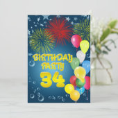 34th Birthday party Invitation with balloons Kaart (Staand voorkant)