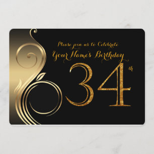 34th, Birthday Uitnodiging, Aantal Glitter Gold, F Kaart