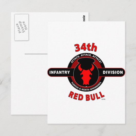 34th INFANTRY DIVISION" RED BULL" Briefkaart (Voorkant / Achterkant)