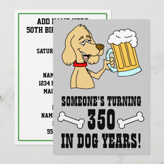 350 Dog Years 50th Birthday Party Invite Kaart (Voorkant / Achterkant)
