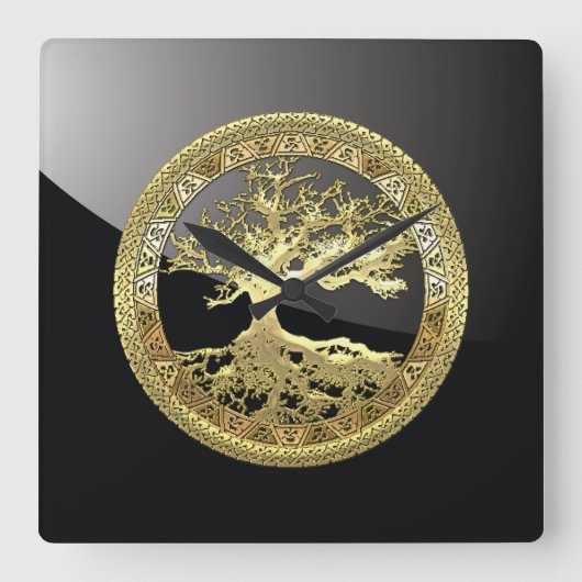 [35] Golden Celtic Tree of Life Vierkante Klok (Voorkant)