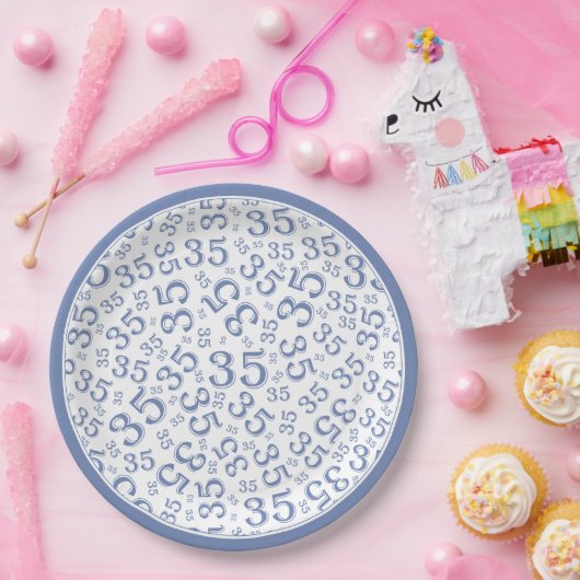 35 jaar Willekeurig Getal Patroon Blauw/Wit Papieren Bordje (Feest)