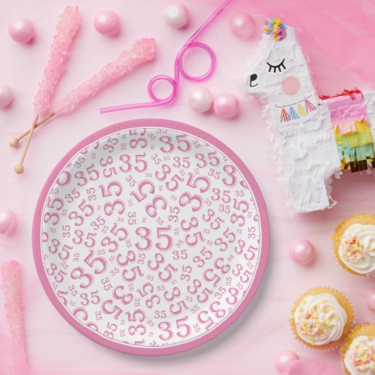 35 jaar Willekeurig Getal Patroon Roze/Wit Papieren Bordje (Feest)