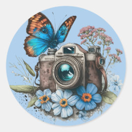 35 mm Camera, Vlinder en Bloemen Ronde Sticker