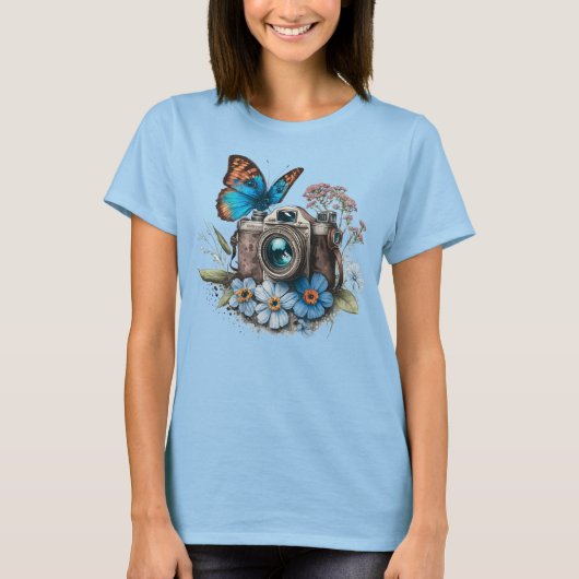 35 mm Camera, Vlinder en Bloemen T-shirt (Voorkant)