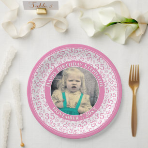35 Uw foto Willekeurige nummerpatroon Roze/Wit Papieren Bordje