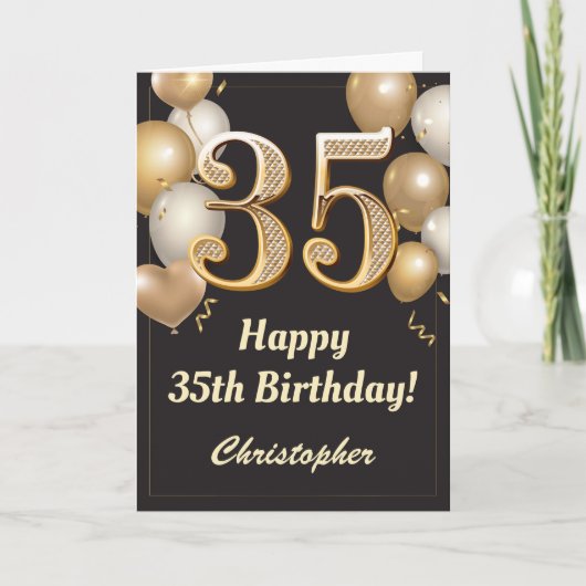 35e Birthday Black en Gold Balloons Confetti Kaart (Voorkant)