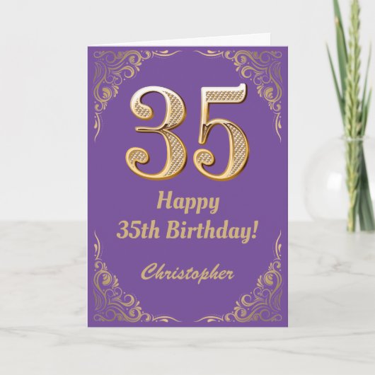 35e Birthday Paars en Gold Glitter Lijst Kaart (Voorkant)