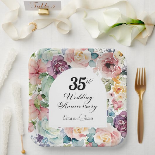 35e bruiloft Jubileum Elegant Script Floral Papieren Bordje (Huwelijk)