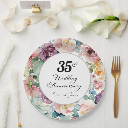 35e bruiloft Jubileum Elegant Script Floral Papieren Bordje (Huwelijk)