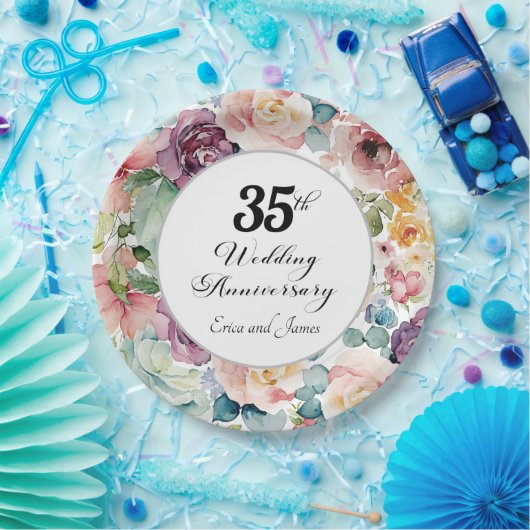 35e bruiloft Jubileum Elegant Script Floral Papieren Bordje (Feest)