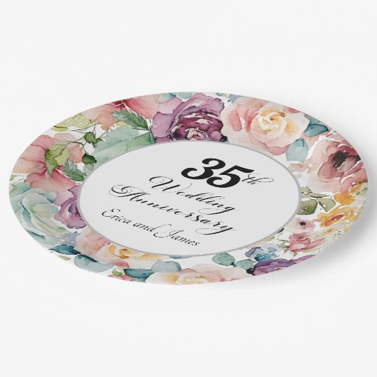 35e bruiloft Jubileum Elegant Script Floral Papieren Bordje (Gekanteld)