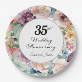 35e bruiloft Jubileum Elegant Script Floral Papieren Bordje (Voorkant)