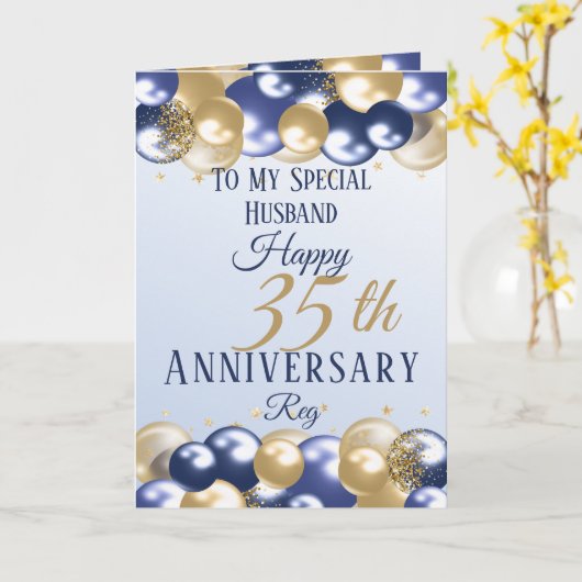 35e bruiloft Jubileum Man Navy Gold Kaart (Gele Bloem)