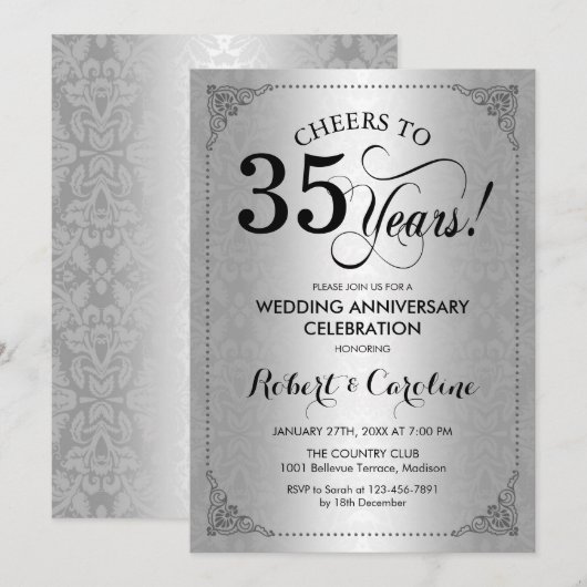 35e bruiloft Jubileum - Silver Black Damask Kaart (Voorkant / Achterkant)