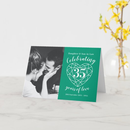 35e bruiloft Jubileum smaragdgroene hart Kaart (Gele Bloem)