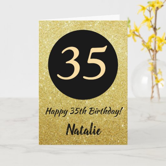 35e Happy Birthday Black en Gold Glitter Card Kaart (Gele Bloem)