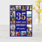 35e Happy Birthday Navy Blue & Gold Photo Collage Kaart (Gele Bloem)