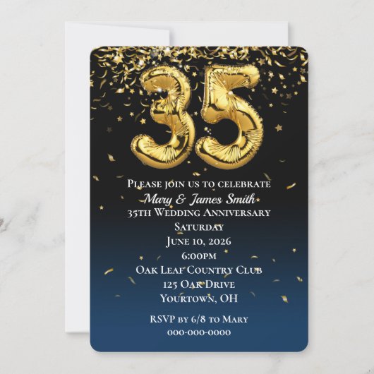 35e Jubileum Gold-ballonnen en Confetti Kaart (Voorkant)