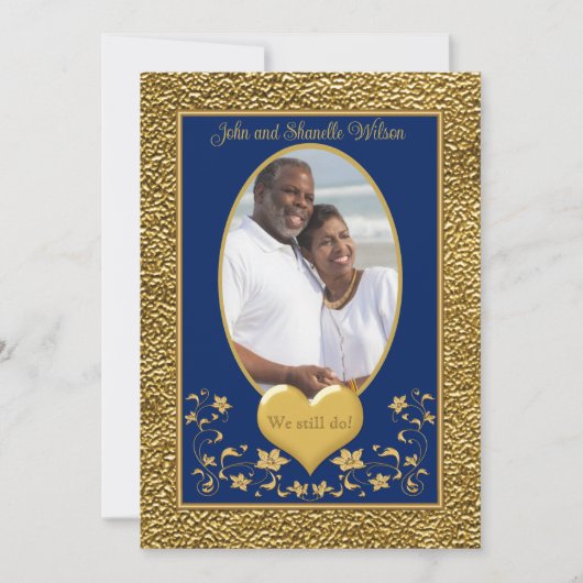 35e Jubileum, Gold Heart Invitation - Navy Kaart (Voorkant)