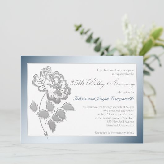 35e Jubileum White, Silver Peony Invite Kaart (Staand voorkant)
