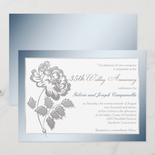 35e Jubileum White, Silver Peony Invite Kaart (Voorkant / Achterkant)