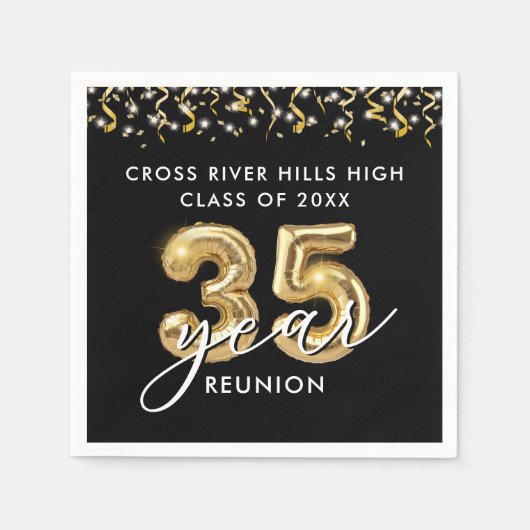 35e klas reünie zwarte gouden ballonnen Confetti Servet (Voorkant)