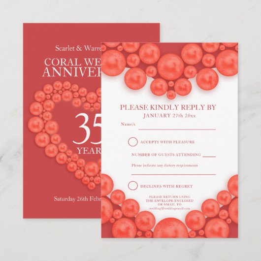 35e koraal bruiloft jubileum hart antwoordkaart RSVP kaartje (Voorkant / Achterkant)