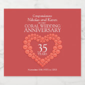 35e koraal hart jubileum custom sparkling wijnetiket (Enkel label)