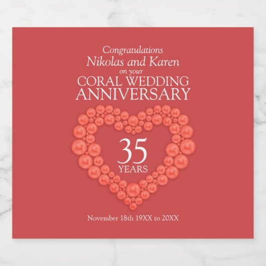 35e koraal hart jubileum custom sparkling wijnetiket (Enkel label)