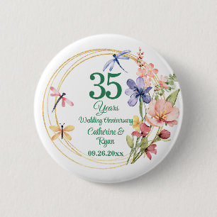 35e Koraal Huwelijksjubileum Gouden Lijst Bloemen Ronde Button 5,7 Cm