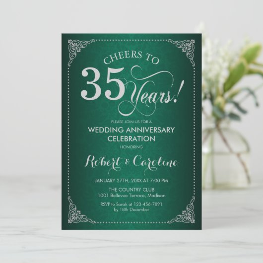 35e trouwdag - Groene zilveren damast Kaart (Staand voorkant)