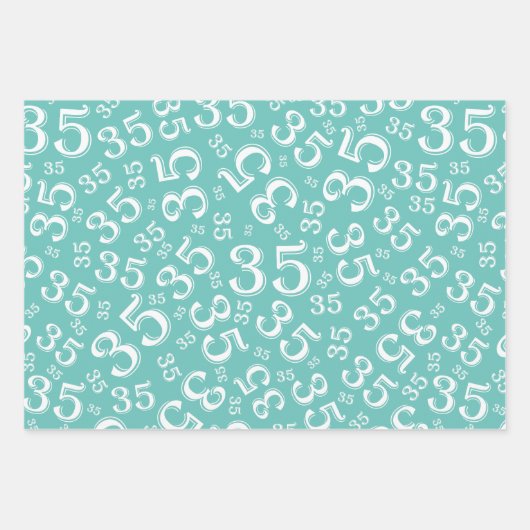 35e verjaardag Blauwgroen en wit nummerpatroon 35 Inpakpapier Vel (Voorkant)