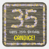 35e verjaardag: Bloemennummer, Faux Wood Look, Naa Vierkante Sticker (Voorkant)