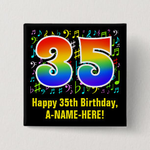 35e verjaardag: Colorful Music Symbols, Rainbow 35 Vierkante Button 5,1 Cm