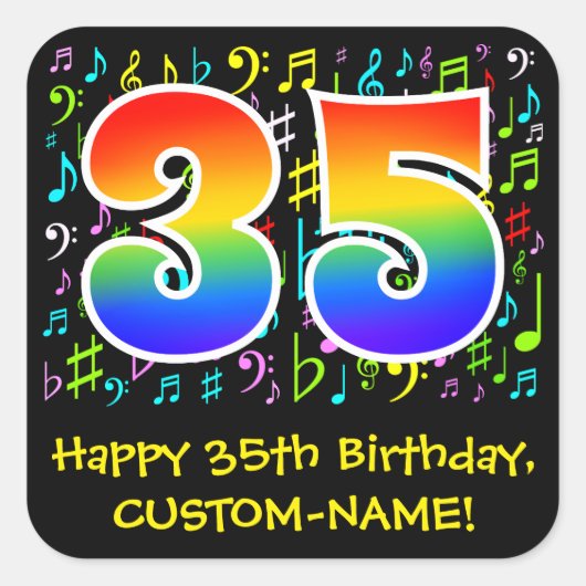 35e verjaardag: Colorful Music Symbols, Rainbow 35 Vierkante Sticker (Voorkant)