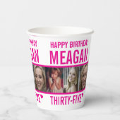 35e verjaardag drie foto's heet roze en wit papieren bekers (Achterkant)