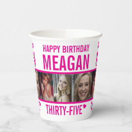 35e verjaardag drie foto's heet roze en wit papieren bekers
