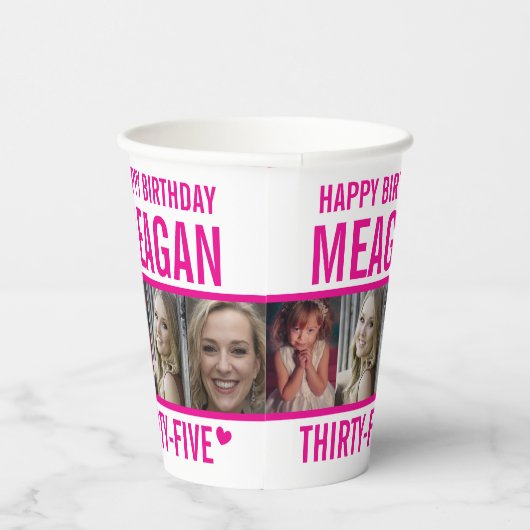 35e verjaardag drie foto's heet roze en wit papieren bekers (Rechts)