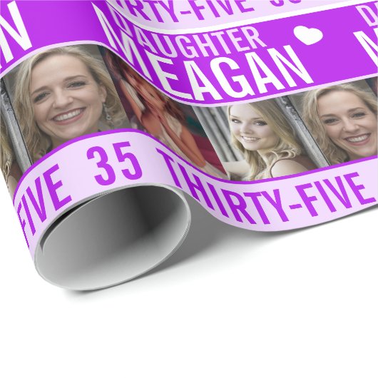 35e verjaardag drie foto's paarse dochter cadeaupapier (Rol Hoek)