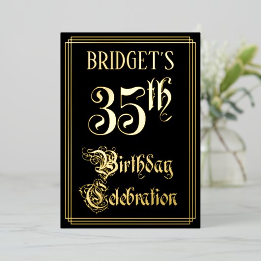 35e verjaardag — Fancy script en aangepaste naam Folie Uitnodiging (Staand Voorkant)