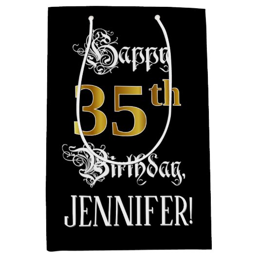 35e verjaardag ~ Fancy script; Faux Gold look; naa Medium Cadeauzakje (Voorkant)