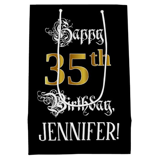 35e verjaardag ~ Fancy script; Faux Gold look; naa Medium Cadeauzakje (Achterkant)