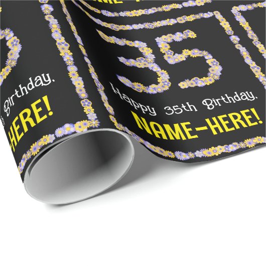 35e verjaardag: Floral Flowers Number, Custom Name Cadeaupapier (Rol Hoek)